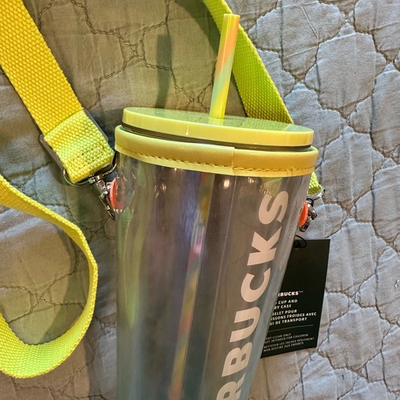 Starbucks Clear Tumbler with Neon Yellow Lid and crossbody carrying case - Picture 4 of 4